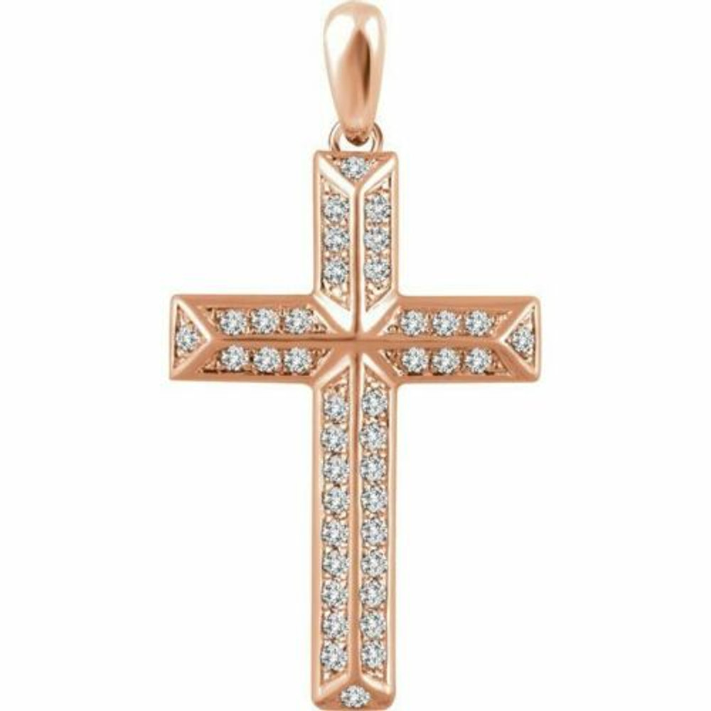 Inspiring and eye-catching, this brilliant diamond pendant showcases beautiful 14k rose gold and measures 35.7x19.10 mm. This simple cross has rich round full-cut genuine diamonds measuring 1/3 ct. tw. and has a bright polish to shine. 