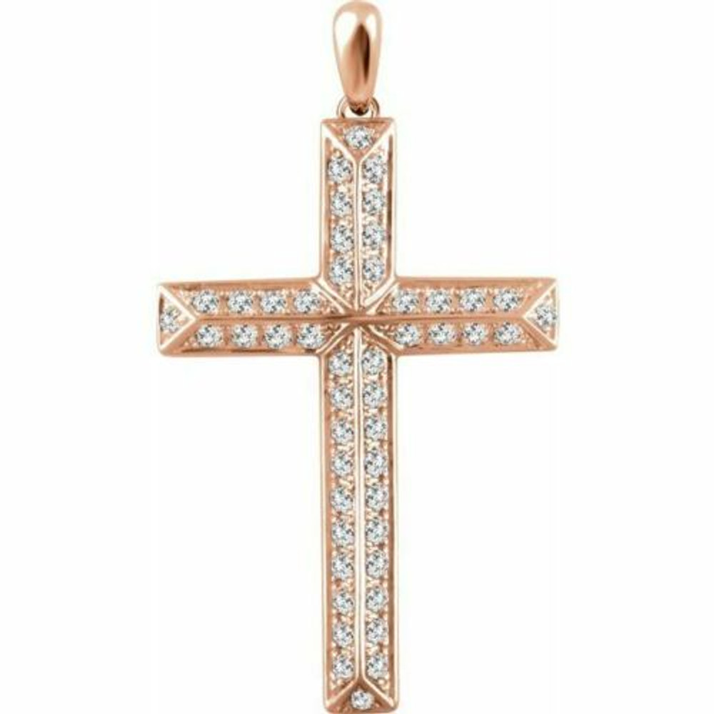 Inspiring and eye-catching, this brilliant diamond pendant showcases beautiful 14k rose gold and measures 39.7x21.9 mm. This simple cross has rich round full-cut genuine diamonds measuring 3/4 ct. tw. and has a bright polish to shine. 