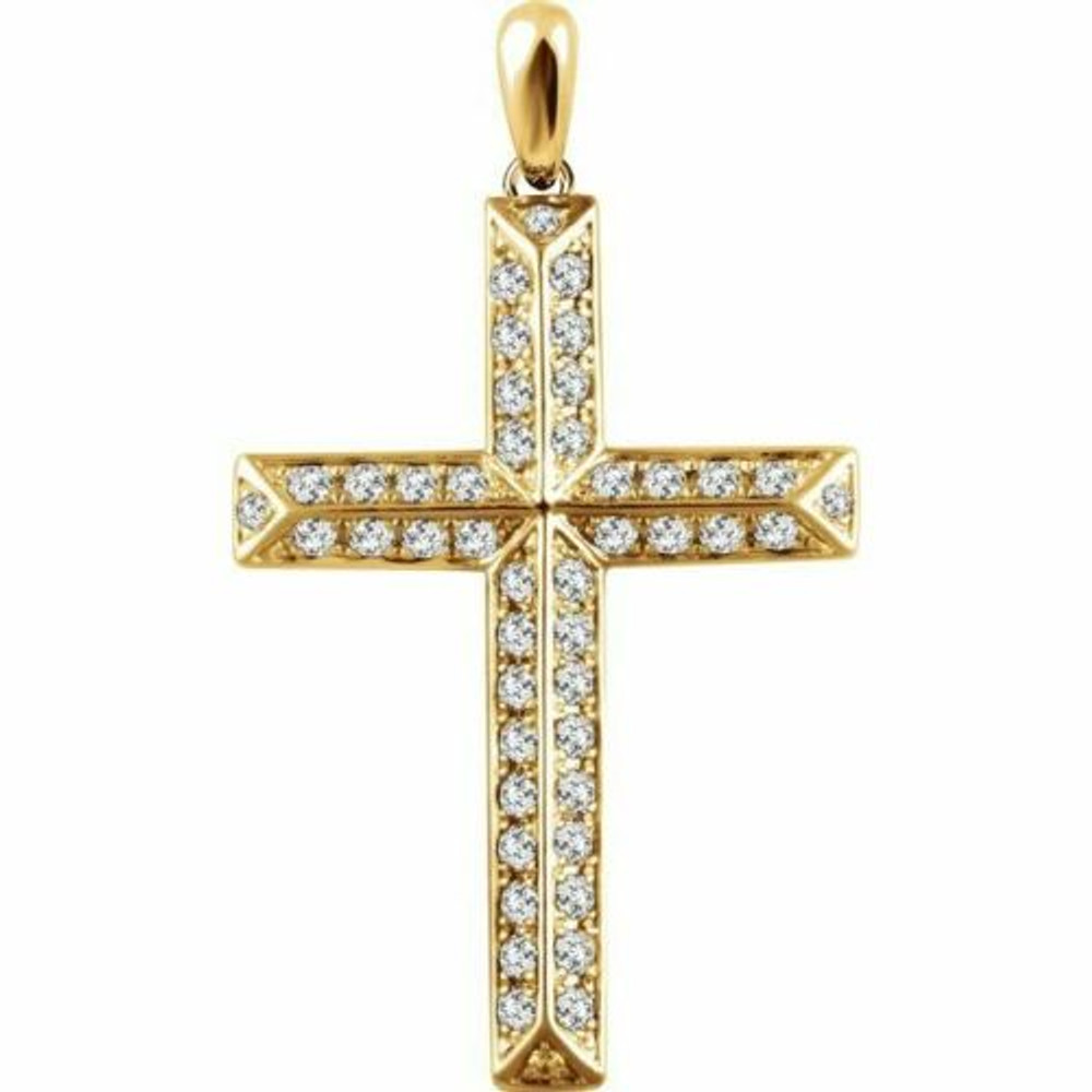 Inspiring and eye-catching, this brilliant diamond pendant showcases beautiful 14k yellow gold and measures 41.7x24.30 mm. This simple cross has rich round full-cut genuine diamonds measuring 1 ct. tw. and has a bright polish to shine. 