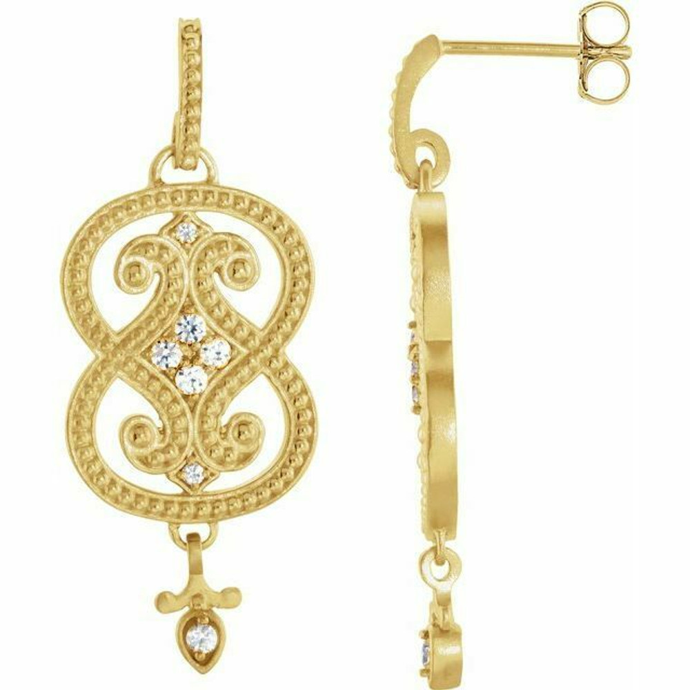 Diamond Vintage-Style Earrings In 14K Yellow Gold (1/3 ct. tw.). Diamonds are G to H in color and I1 or better in clarity. Polished to a brilliant shine.