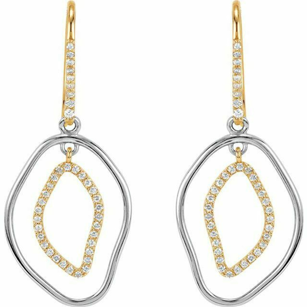 Open Silhouette Dangle Earrings In 14K Yellow Gold & Sterling Silver. Diamonds are G-H in color and I1 or better in clarity. Polished to a brilliant shine. 