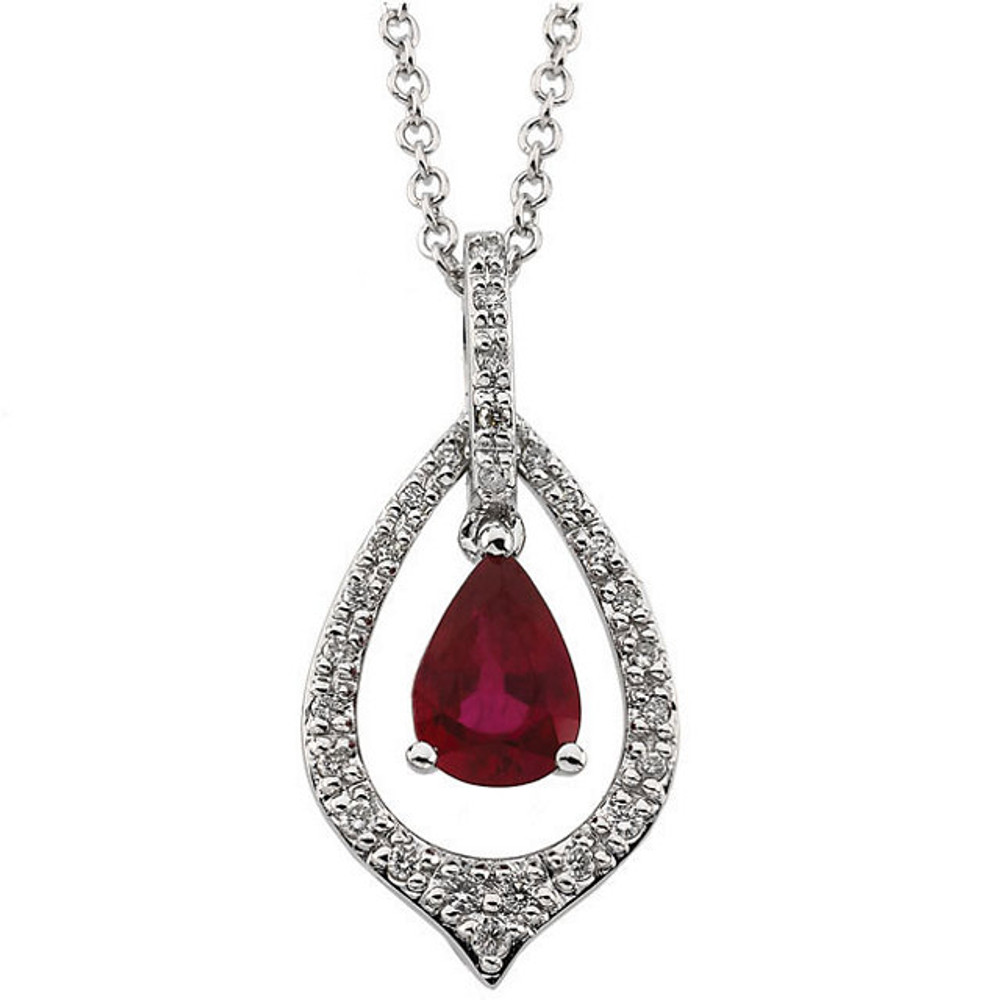 Sparkling round diamonds surround a striking natural ruby in this classic necklace for her. Additional round diamonds decorate the bale. Fashioned in 14K white gold, the pendant, with a total diamond weight of 1/6 carat, suspends from an 18-inch chain that fastens with a spring ring clasp.