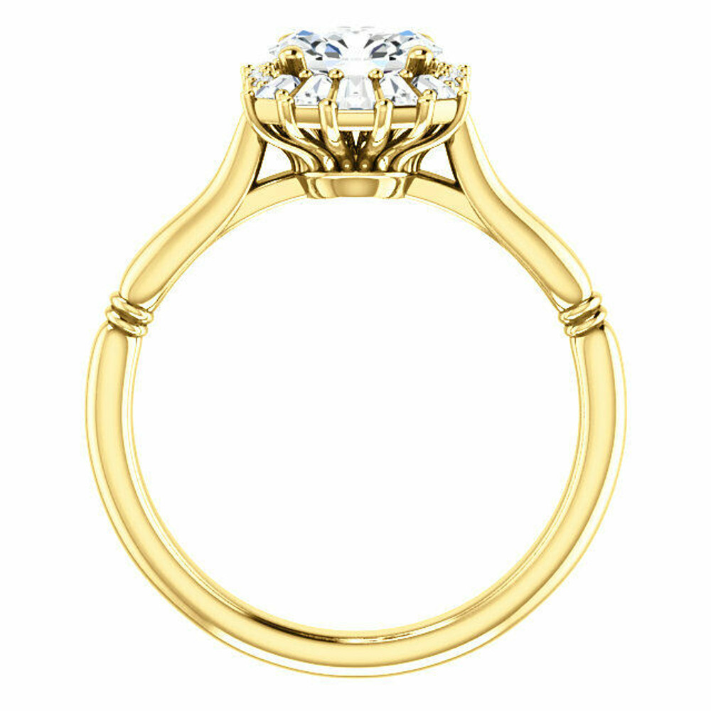 Crafted in 14k yellow gold, this ring features one oval Genuine White Sapphire gemstone accented with 18 genuine diamonds.