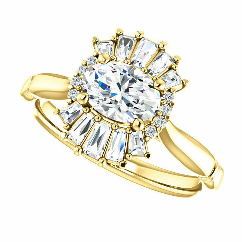 Crafted in 14k yellow gold, this ring features one oval Genuine White Sapphire gemstone accented with 18 genuine diamonds.