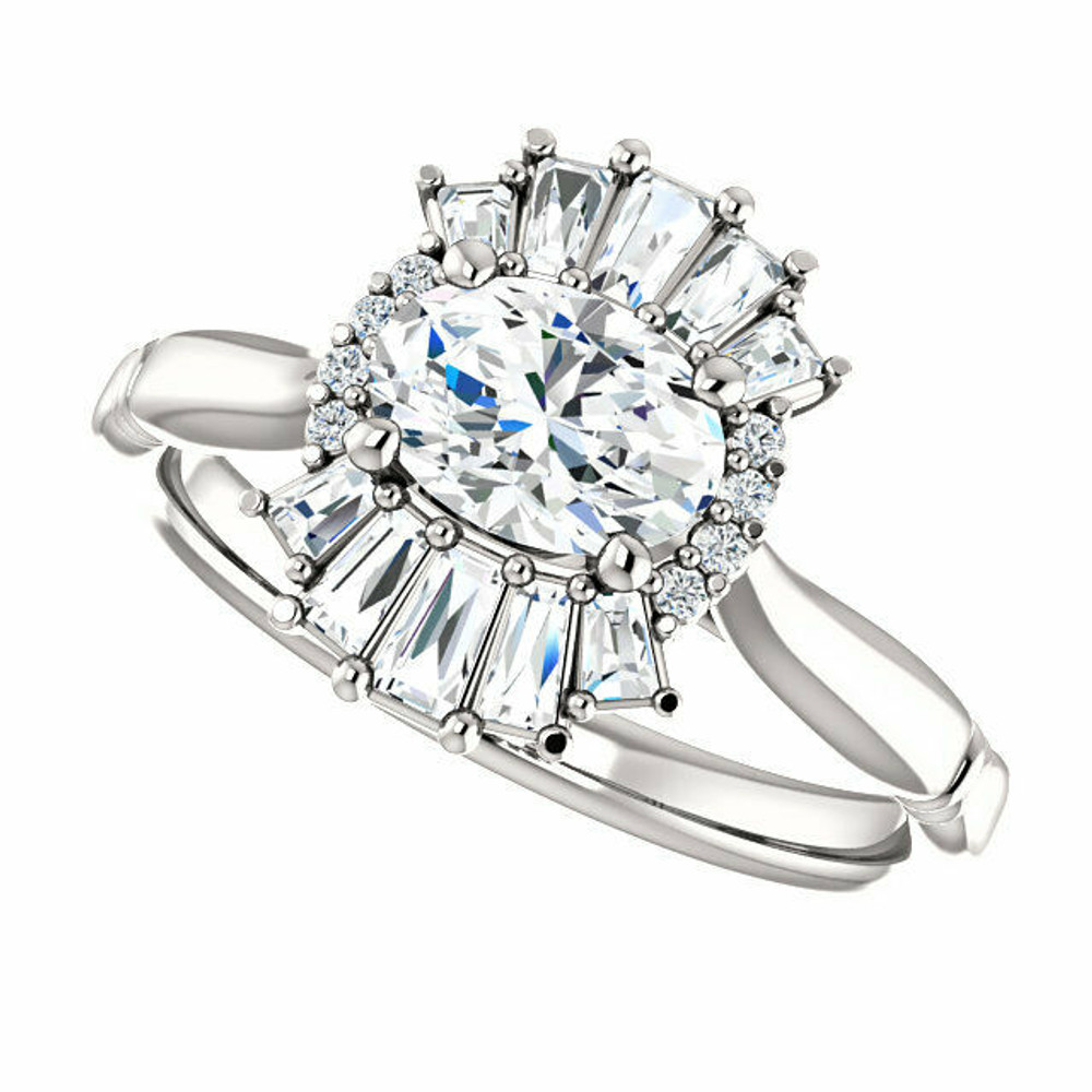 Crafted in 14k white gold, this ring features one oval Genuine White Sapphire gemstone accented with 18 genuine diamonds. 