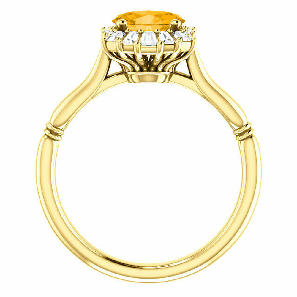 Crafted in 14k yellow gold, this ring features one oval Genuine Citrine gemstone accented with 18 genuine diamonds. 