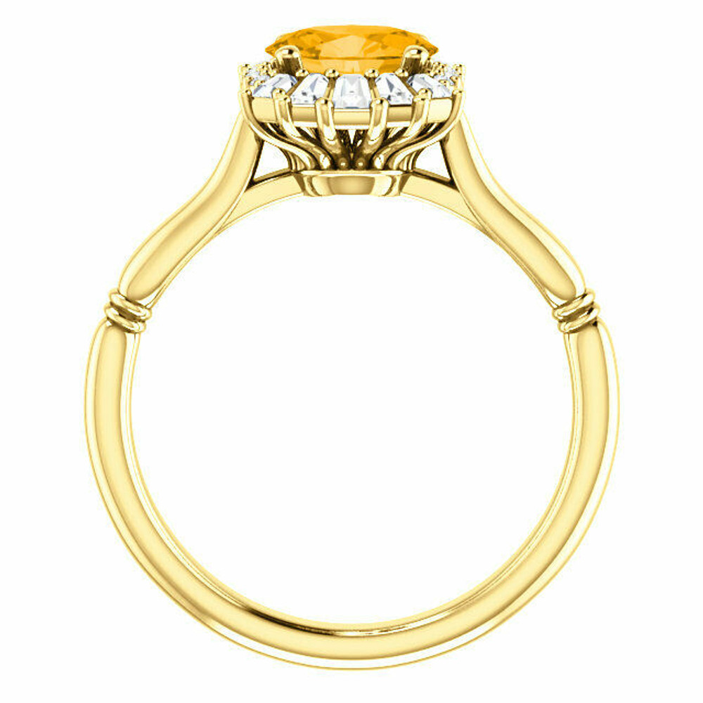 Crafted in 14k yellow gold, this ring features one oval Genuine Citrine gemstone accented with 18 genuine diamonds.