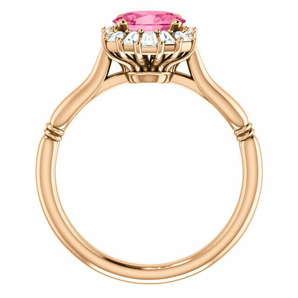 Crafted in 14k rose gold, this ring features one oval Genuine Pink Tourmaline gemstone accented with 18 genuine diamonds. 