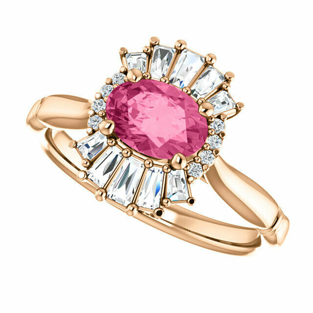 Crafted in 14k rose gold, this ring features one oval Genuine Pink Tourmaline gemstone accented with 18 genuine diamonds. 