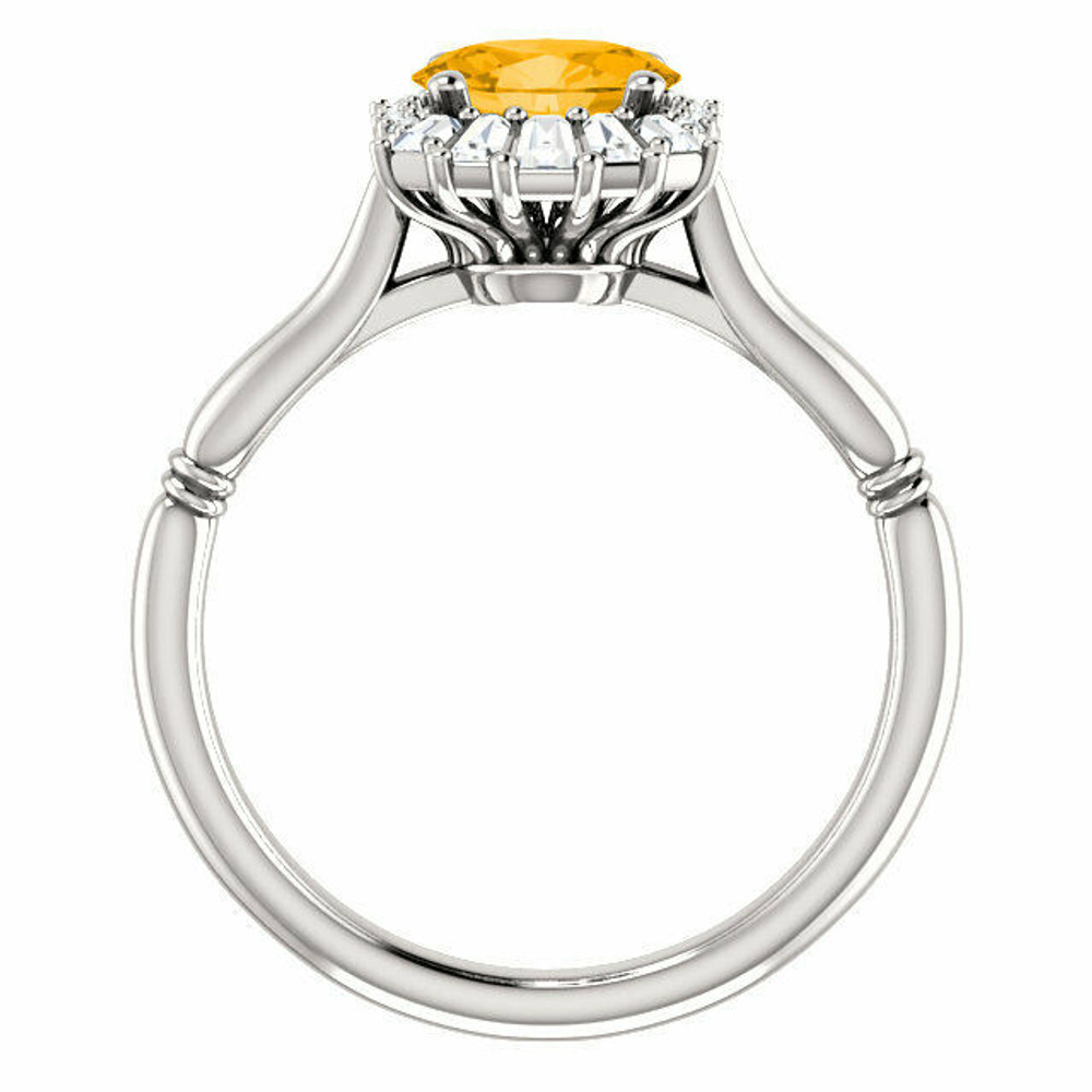 Crafted in platinum, this ring features one oval Genuine Citrine gemstone accented with 18 genuine diamonds. 