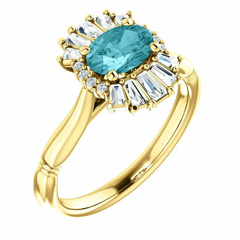 Crafted in 14k yellow gold, this ring features one oval Genuine Blue Zircon gemstone accented with 18 genuine diamonds. 