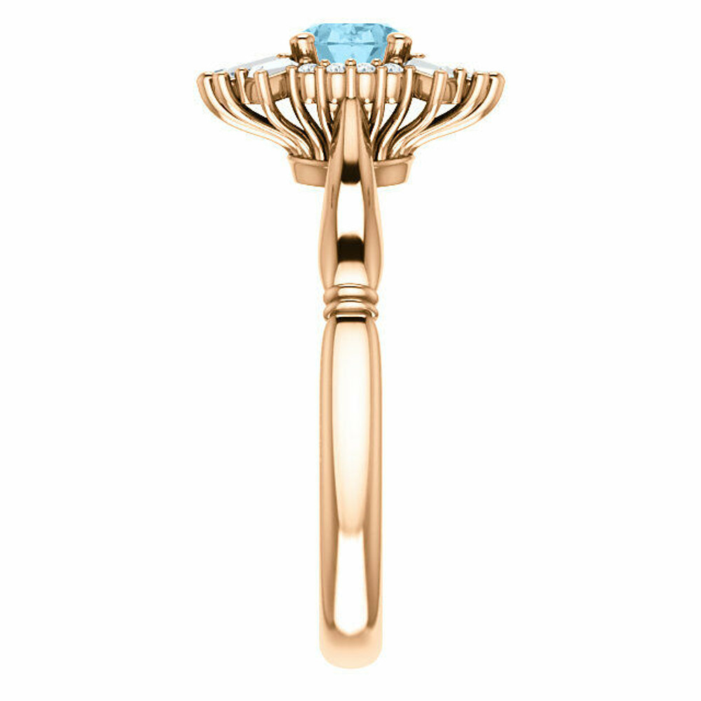 Crafted in 14k rose gold, this ring features one oval Genuine Aquamarine gemstone accented with 18 genuine diamonds. 