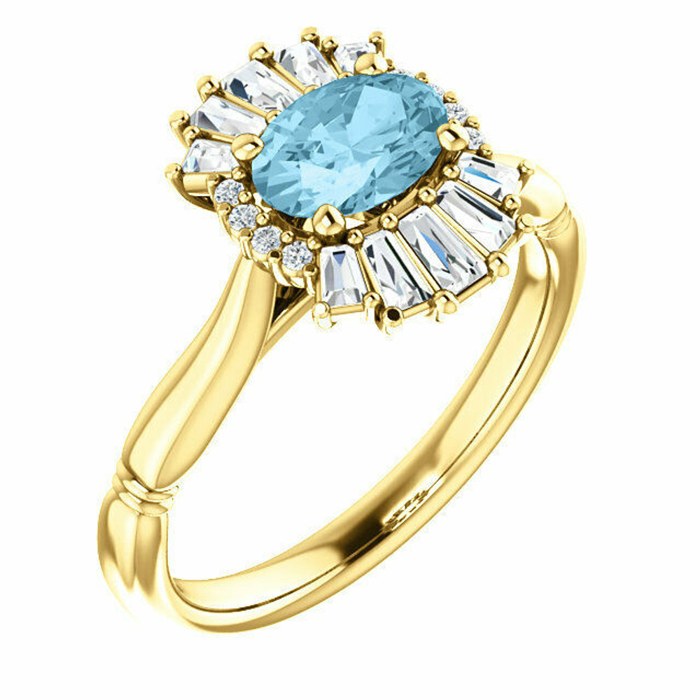 Crafted in 14k yellow gold, this ring features one oval Genuine Aquamarine gemstone accented with 18 genuine diamonds.