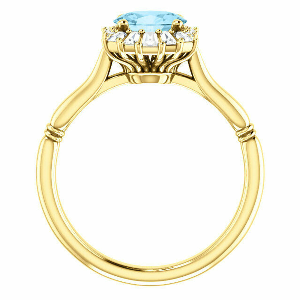 Crafted in 14k yellow gold, this ring features one oval Genuine Aquamarine gemstone accented with 18 genuine diamonds. 