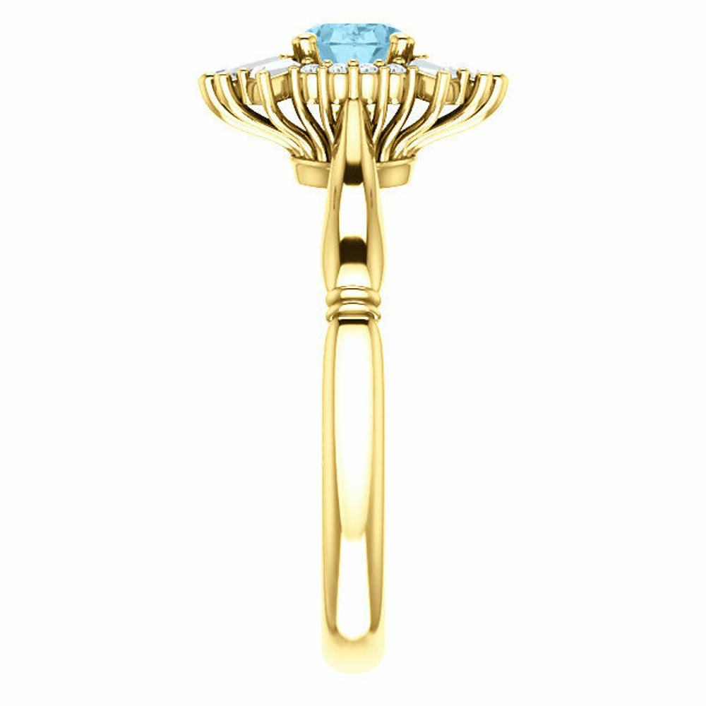 Crafted in 14k yellow gold, this ring features one oval Genuine Aquamarine gemstone accented with 18 genuine diamonds. 