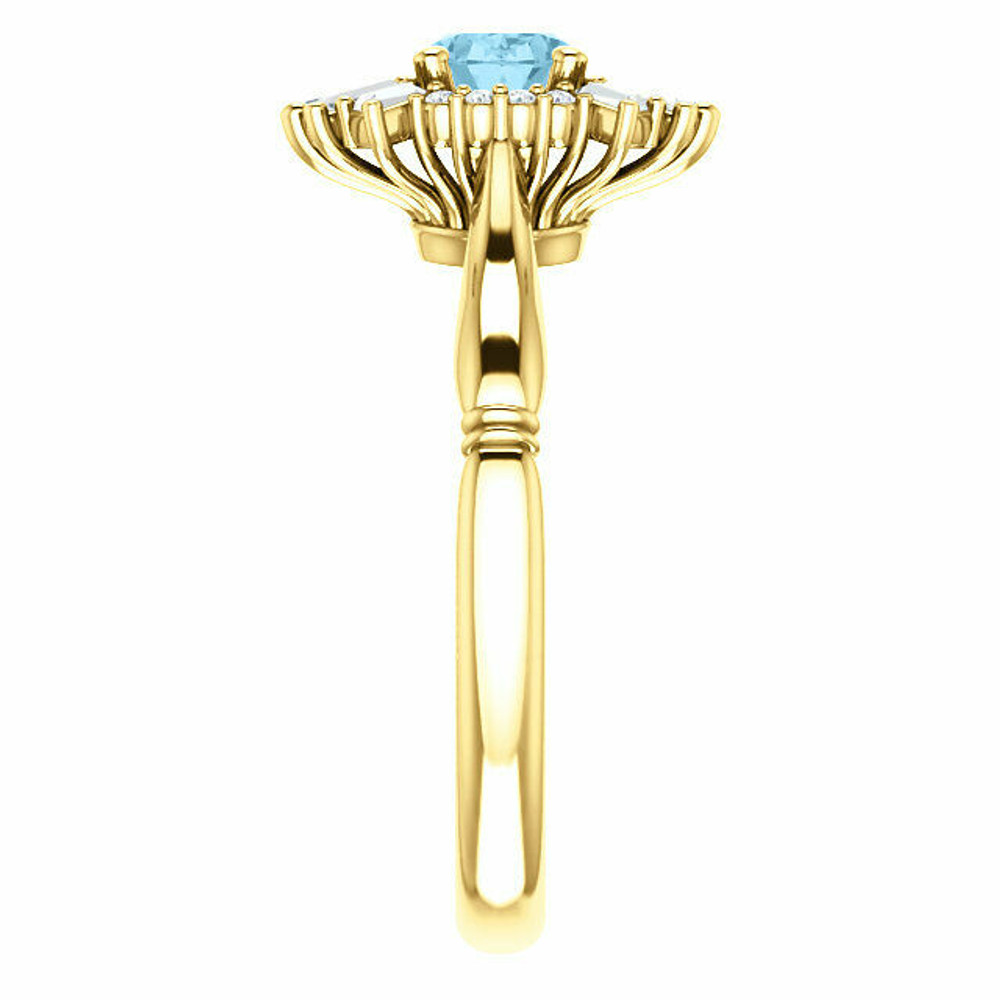Crafted in 14k yellow gold, this ring features one oval Genuine Aquamarine gemstone accented with 18 genuine diamonds.