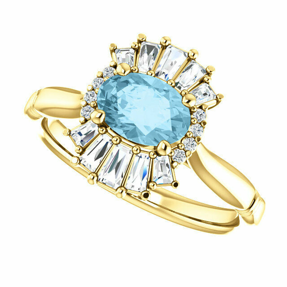 Crafted in 14k yellow gold, this ring features one oval Genuine Aquamarine gemstone accented with 18 genuine diamonds.