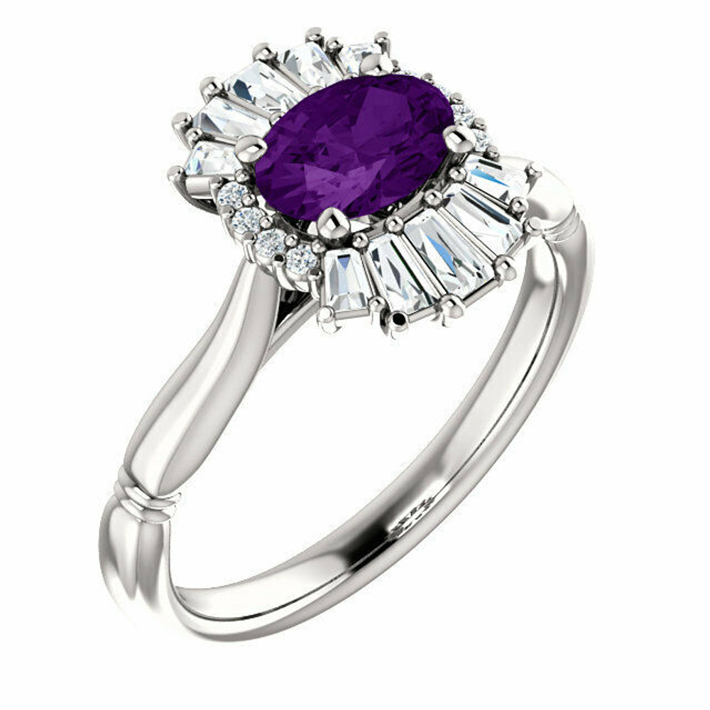 Crafted in platinum, this ring features one oval Genuine Amethyst gemstone accented with 18 genuine diamonds.