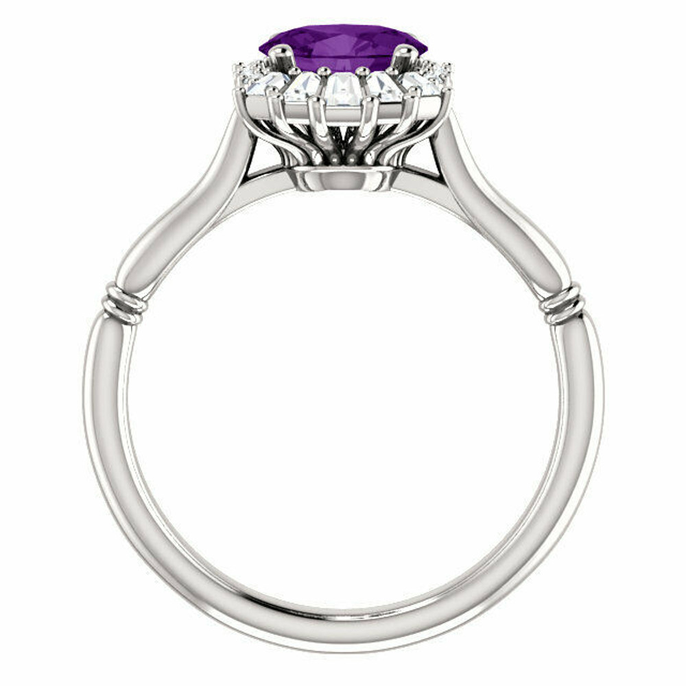 Crafted in platinum, this ring features one oval Genuine Amethyst gemstone accented with 18 genuine diamonds.