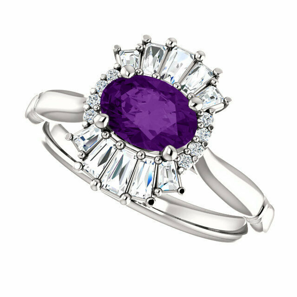 Crafted in platinum, this ring features one oval Genuine Amethyst gemstone accented with 18 genuine diamonds.