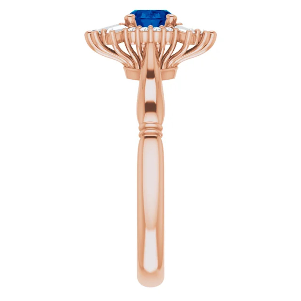 Crafted in 14k rose gold, this ring features one oval Genuine Blue Sapphire gemstone accented with 18 genuine diamonds. 