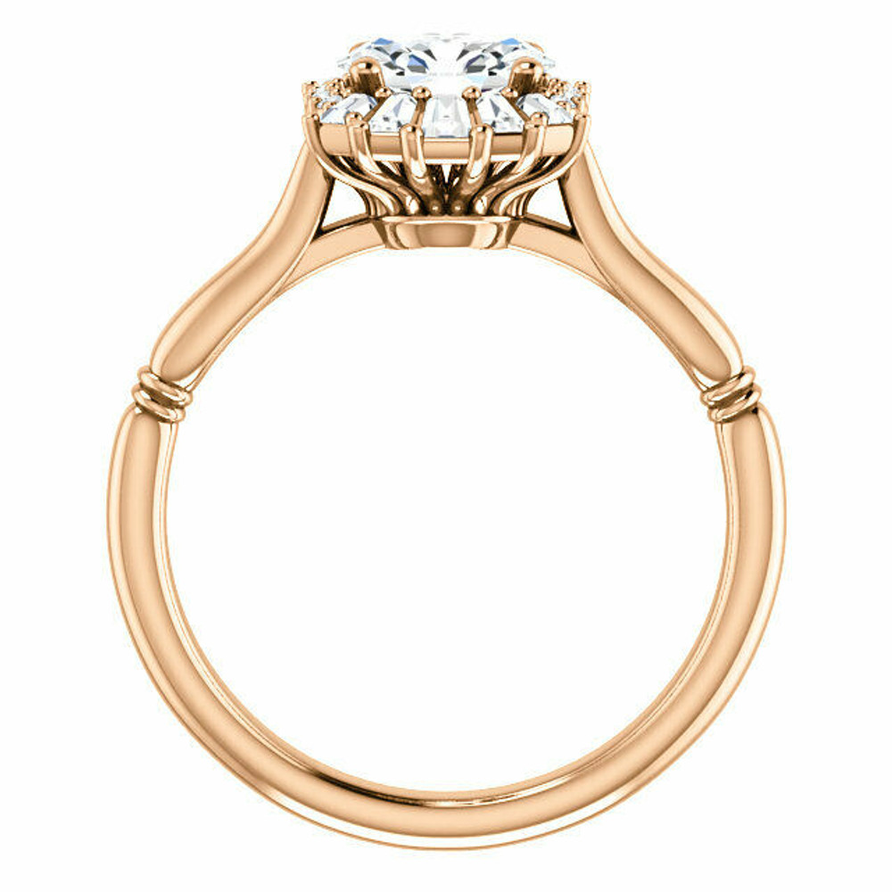 Crafted in 14k rose gold, this ring features one oval Genuine White Sapphire gemstone accented with 18 genuine diamonds. 