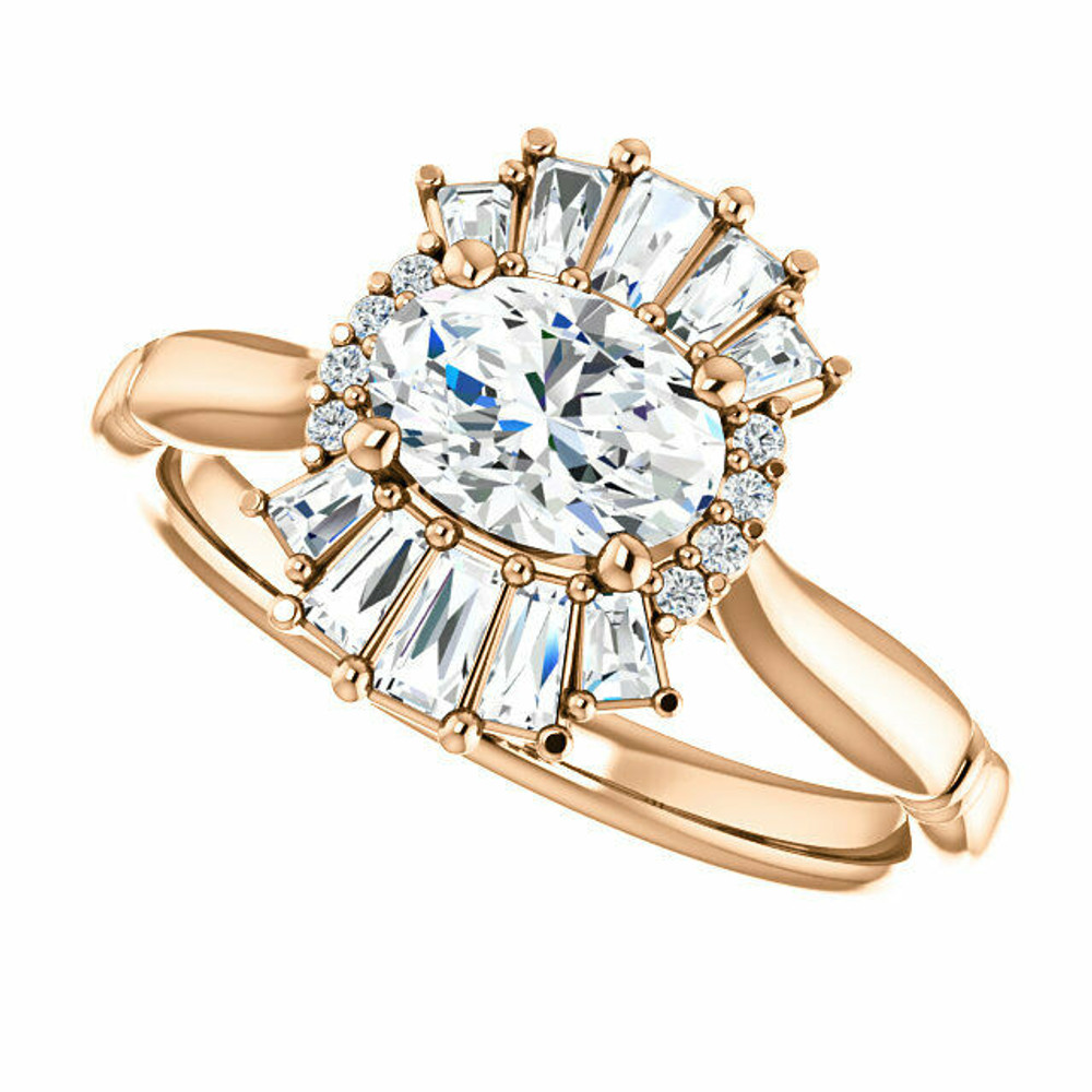 Crafted in 14k rose gold, this ring features one oval Genuine White Sapphire gemstone accented with 18 genuine diamonds. 