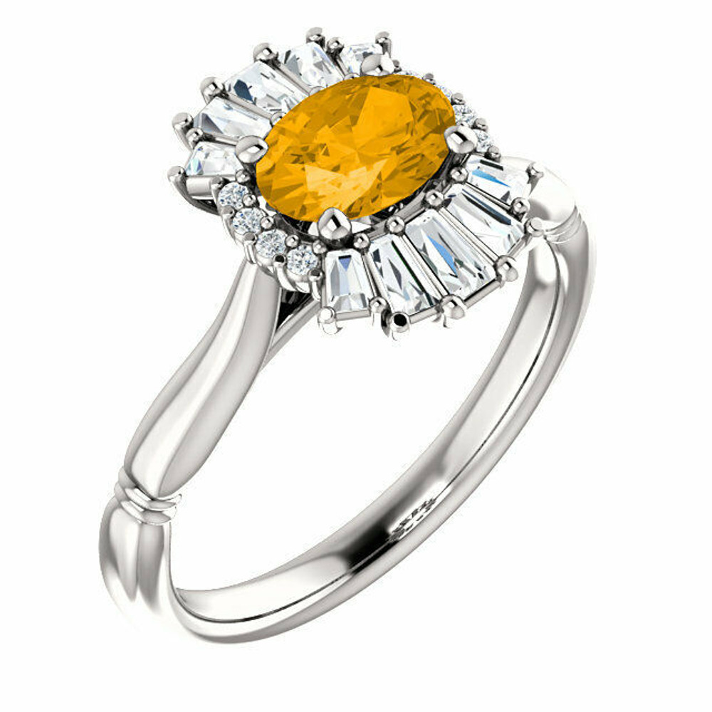 Crafted in 14k white gold, this ring features one oval Genuine Citrine gemstone accented with 18 genuine diamonds. 