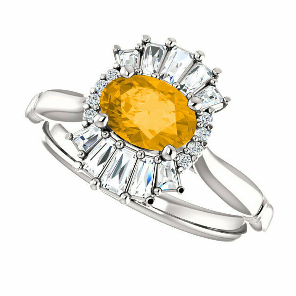 Crafted in 14k white gold, this ring features one oval Genuine Citrine gemstone accented with 18 genuine diamonds. 