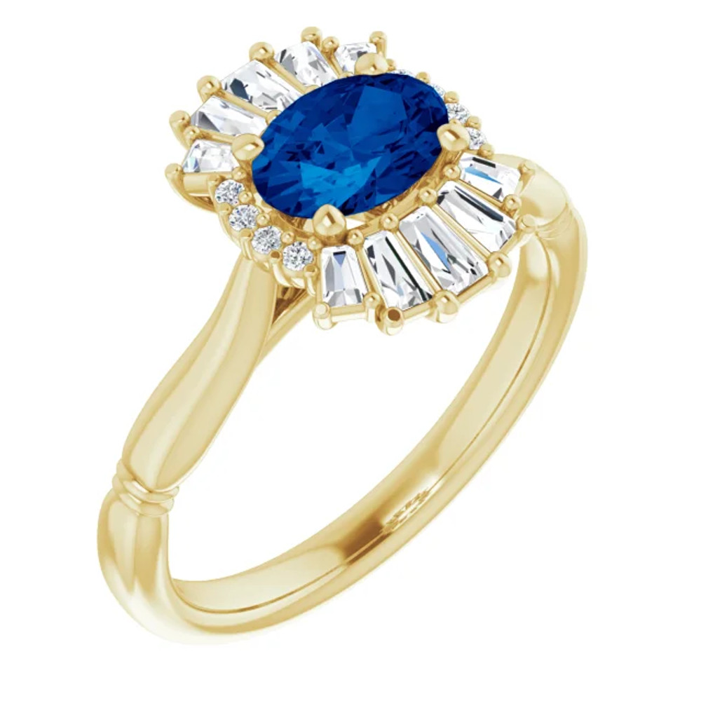 Crafted in 14k yellow gold, this ring features one oval Genuine Blue Sapphire gemstone accented with 18 genuine diamonds. 