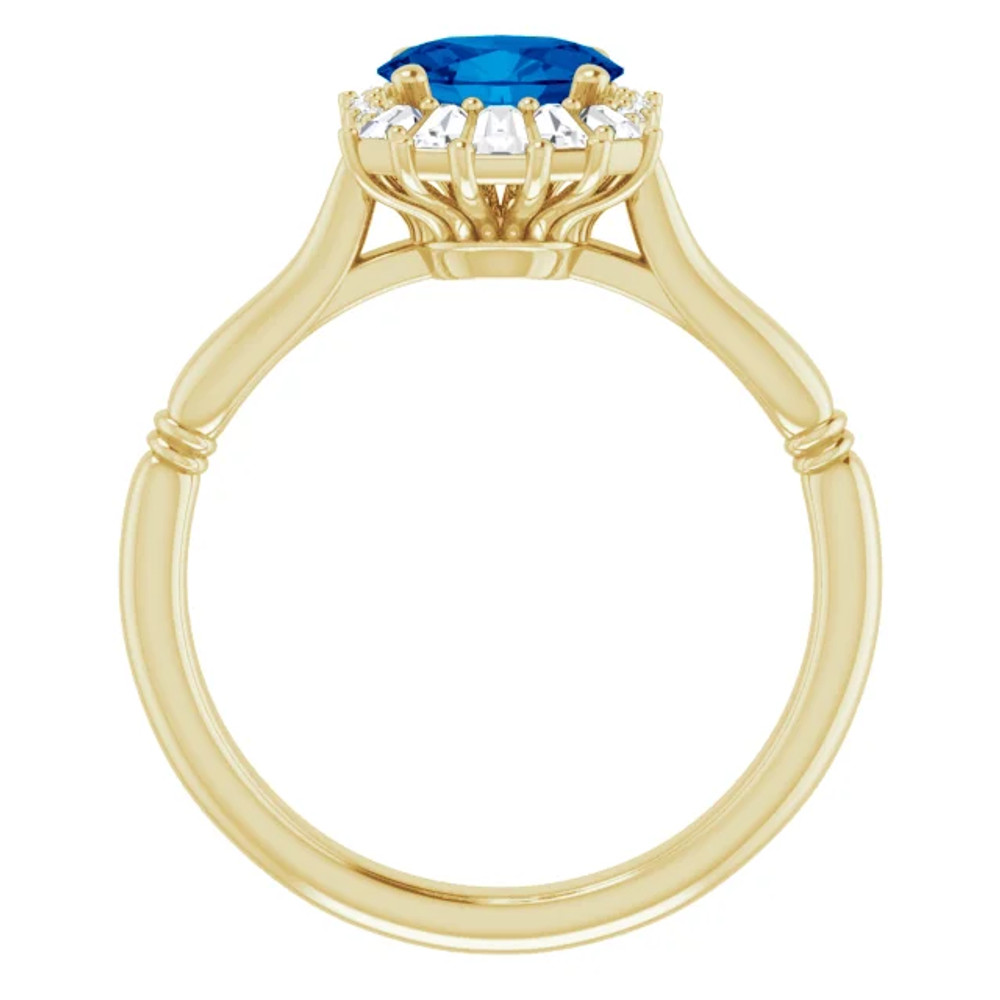Crafted in 14k yellow gold, this ring features one oval Genuine Blue Sapphire gemstone accented with 18 genuine diamonds. 