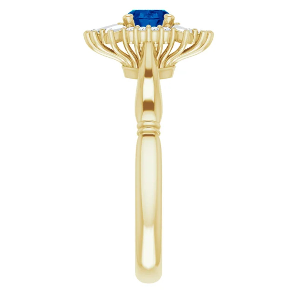 Crafted in 14k yellow gold, this ring features one oval Genuine Blue Sapphire gemstone accented with 18 genuine diamonds. 