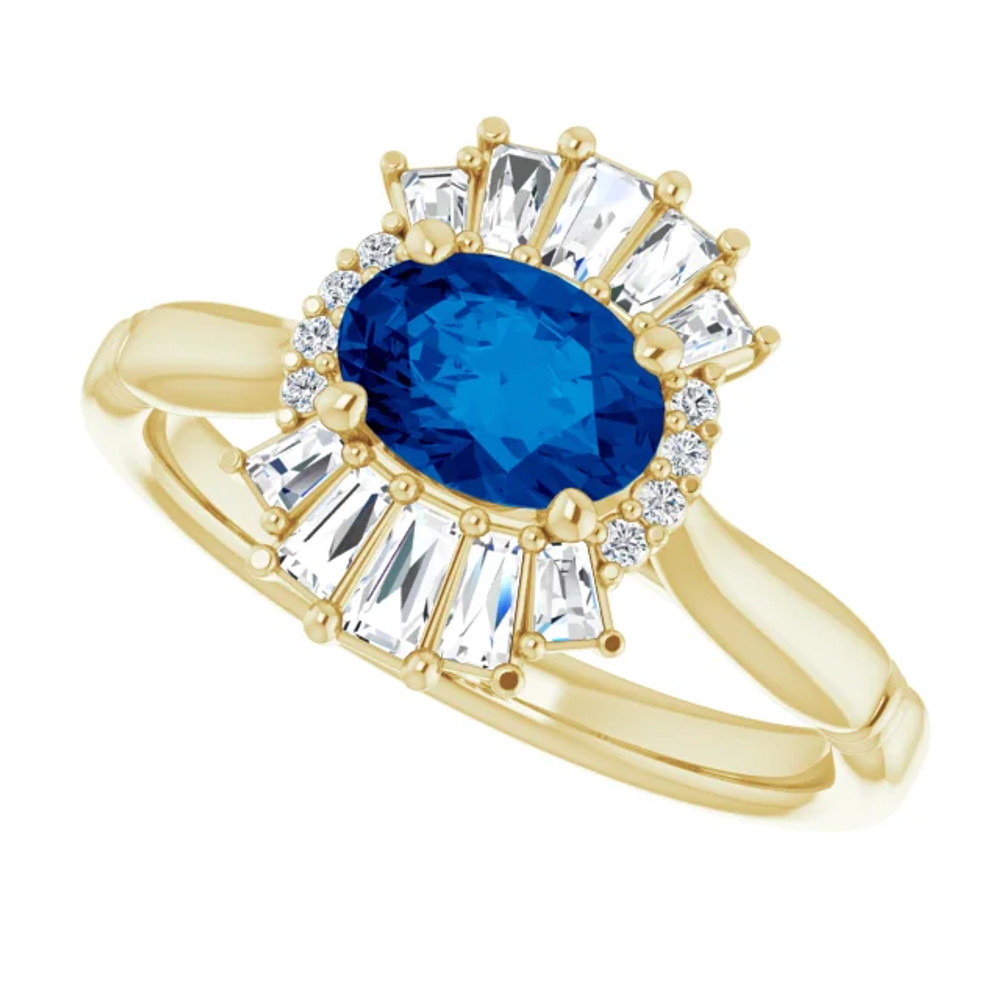 Crafted in 14k yellow gold, this ring features one oval Genuine Blue Sapphire gemstone accented with 18 genuine diamonds. 