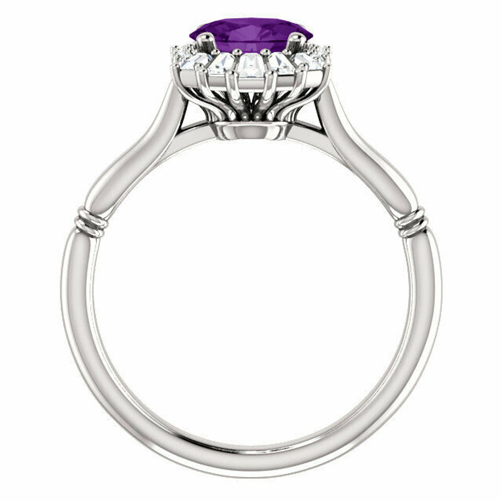 Crafted in 14k white gold, this ring features one oval Genuine Amethyst gemstone accented with 18 genuine diamonds. 