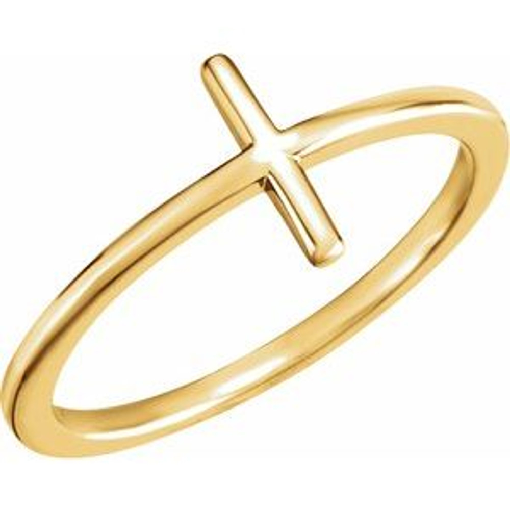 A lovely expression of faith, this ring proclaims deep and heartfelt devotion. Finely crafted in 14k yellow gold, this ring features a traditional cross turned on its side and centered along the polished shank. A meaningful look, this ring is finished with a bright polished to shine.
