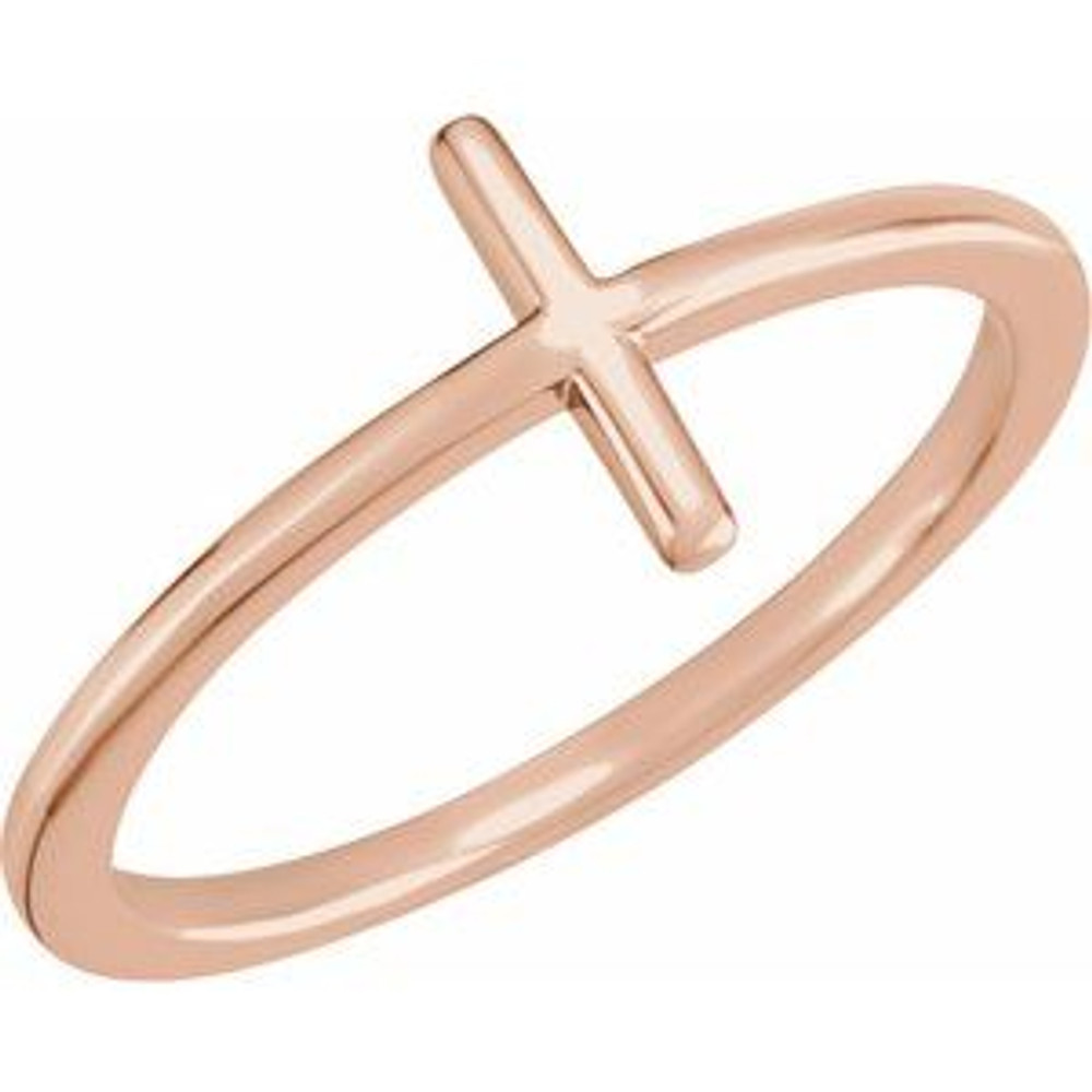A lovely expression of faith, this ring proclaims deep and heartfelt devotion. Finely crafted in 14k rose gold, this ring features a traditional cross turned on its side and centered along the polished shank. A meaningful look, this ring is finished with a bright polished to shine.