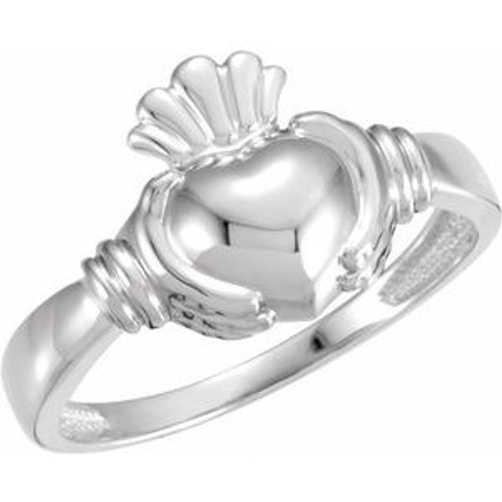 A token of loyalty, friendship and love. This traditional Claddagh ring is set in polished 18k white gold.