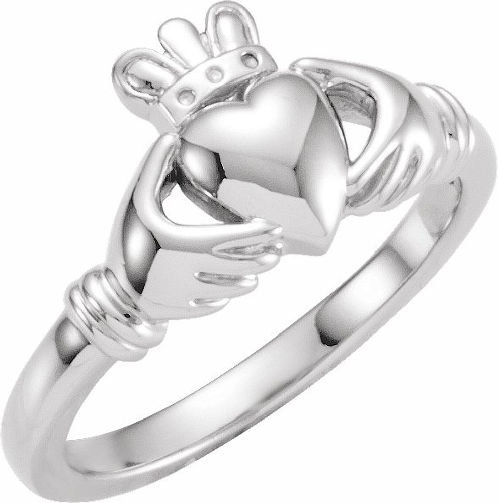 This traditional Irish symbol represents love for the heart, friendship for the hands, and loyalty for the crown. This traditional Claddagh ring is set in polished 10k white gold.