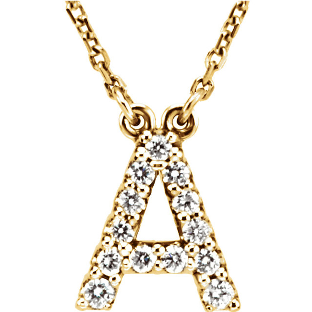 The letter "A" Diamond charm suspended from a delicate 16" diamond cut cable chain creates a personalized necklace in 14K Gold. Sparkling with 1/8 ct. t.w. of diamonds and a bright polished shine.