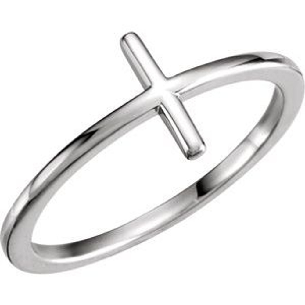 A lovely expression of faith, this ring proclaims deep and heartfelt devotion. Finely crafted in 10k white gold, this ring features a traditional cross turned on its side and centered along the polished shank. A meaningful look, this ring is finished with a bright polished to shine.