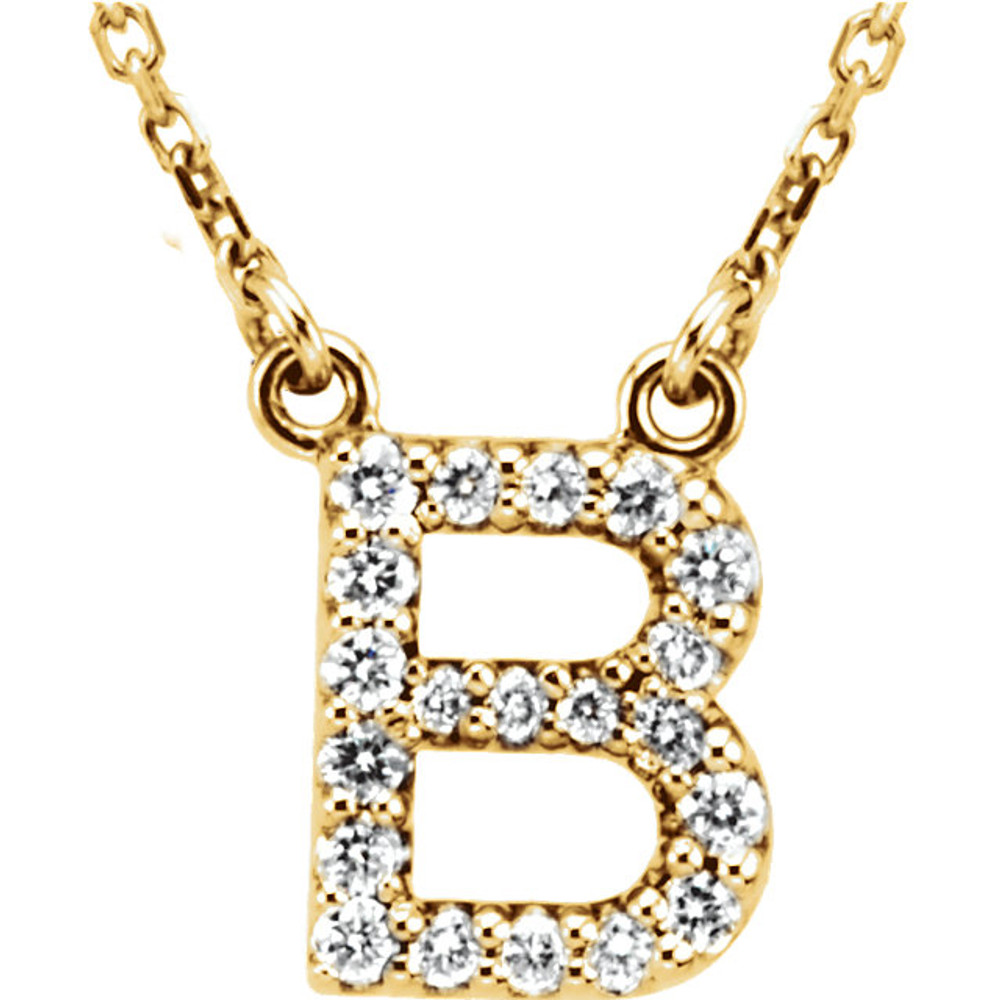 The letter "B" Diamond charm suspended from a delicate 16" diamond cut cable chain creates a personalized necklace in 14K Gold. Sparkling with 1/6 ct. t.w. of diamonds and a bright polished shine.