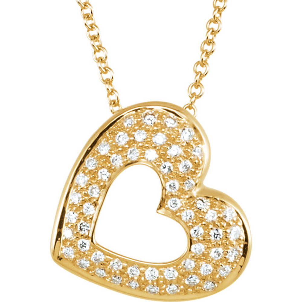 This petite heart pendant crafted from 14k gold is prong set with 55 round diamonds totaling 1/4 ct. tw. and will set hearts aflutter with its sparkling open design. The polished slide is approximately 13mm long by 14mm wide and comes with a matching 18-inch cable chain. The various sized diamonds are I1 in clarity and H-I in color.