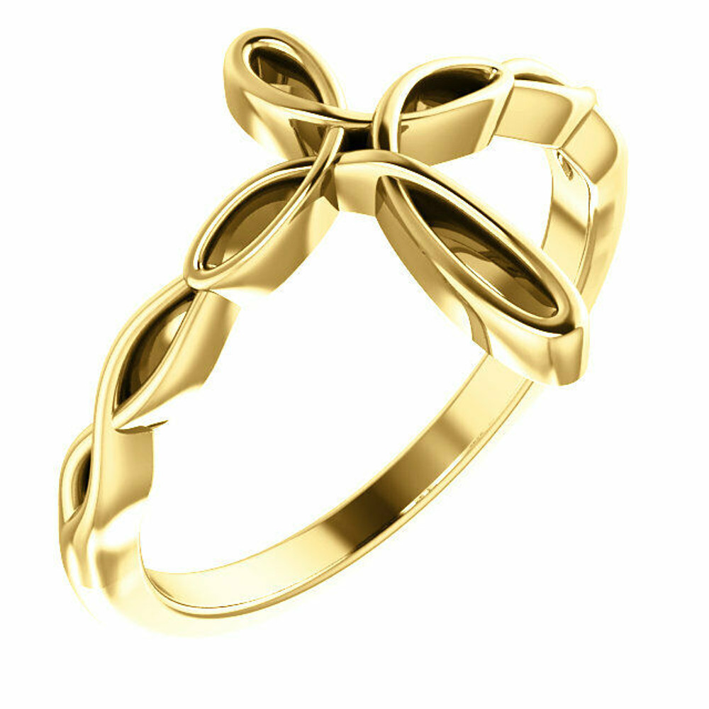 This lovely ring for her features a cross design styled in 14K yellow gold.