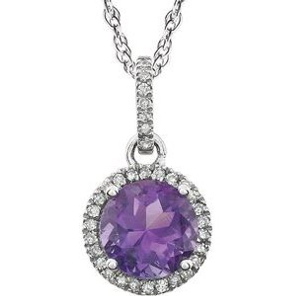 Amethyst and Diamond 14k White Gold Halo-Styled 18" inch Birthstone Pendant Necklace. A 7.0mm Genuine Round Amethyst is surrounded by 1/10 ct.tw. of Sparkling Genuine Round Diamonds.