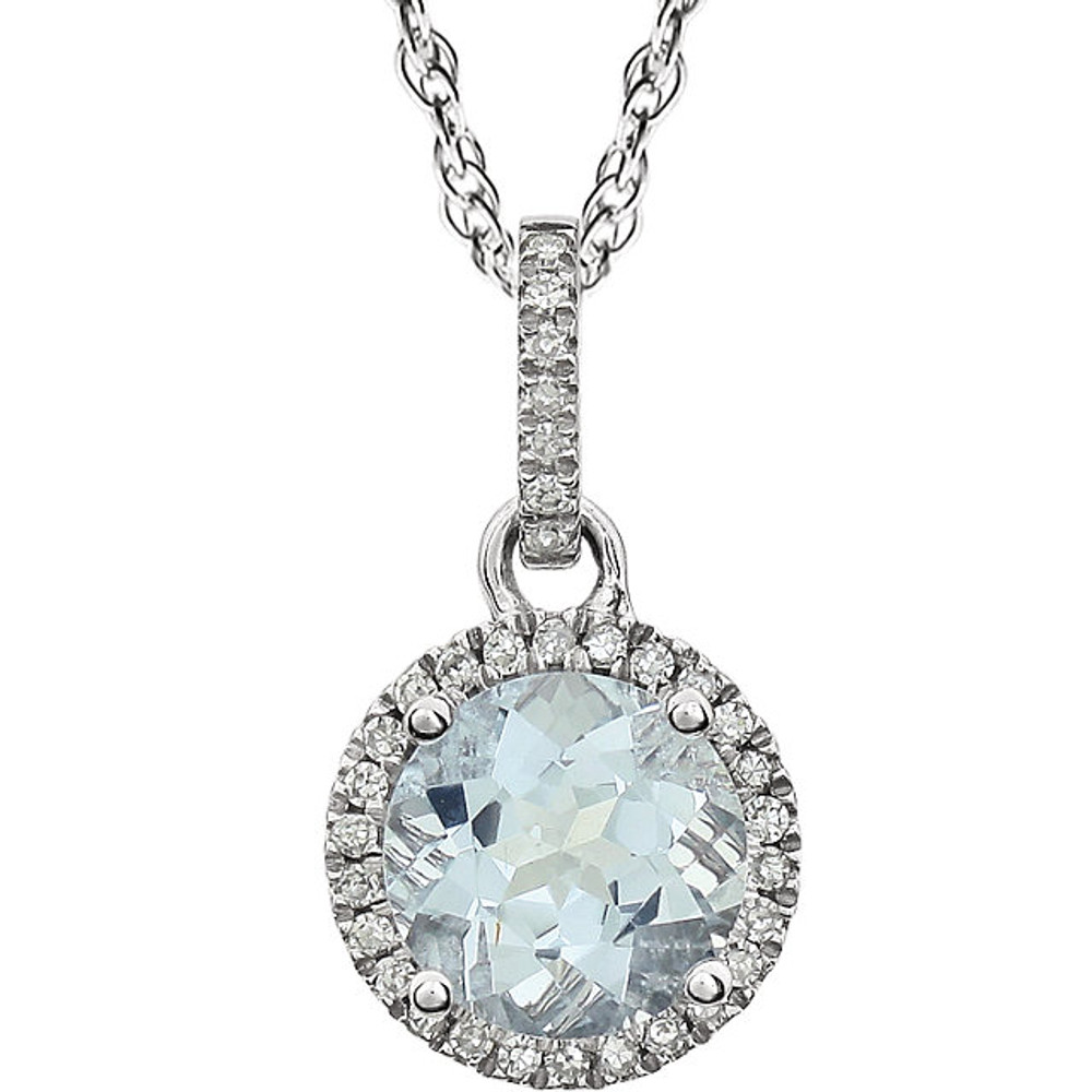 Aquamarine and Diamond 14k White Gold Halo-Styled 18" inch Birthstone Pendant Necklace. A 7.0mm Genuine Round Aquamarine is surrounded by 1/10 ct.tw. of Sparkling Genuine Round Diamonds.
