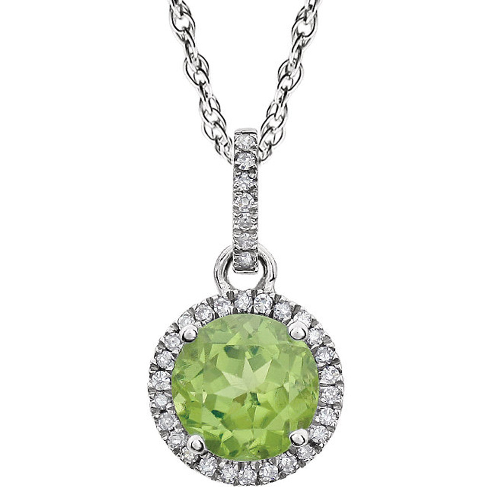 Peridot and Diamond 14k White Gold Halo-Styled 18" inch Birthstone Pendant Necklace. A 7.0mm Genuine Round Peridot is surrounded by 1/10 ct.tw. of Sparkling Genuine Round Diamonds.