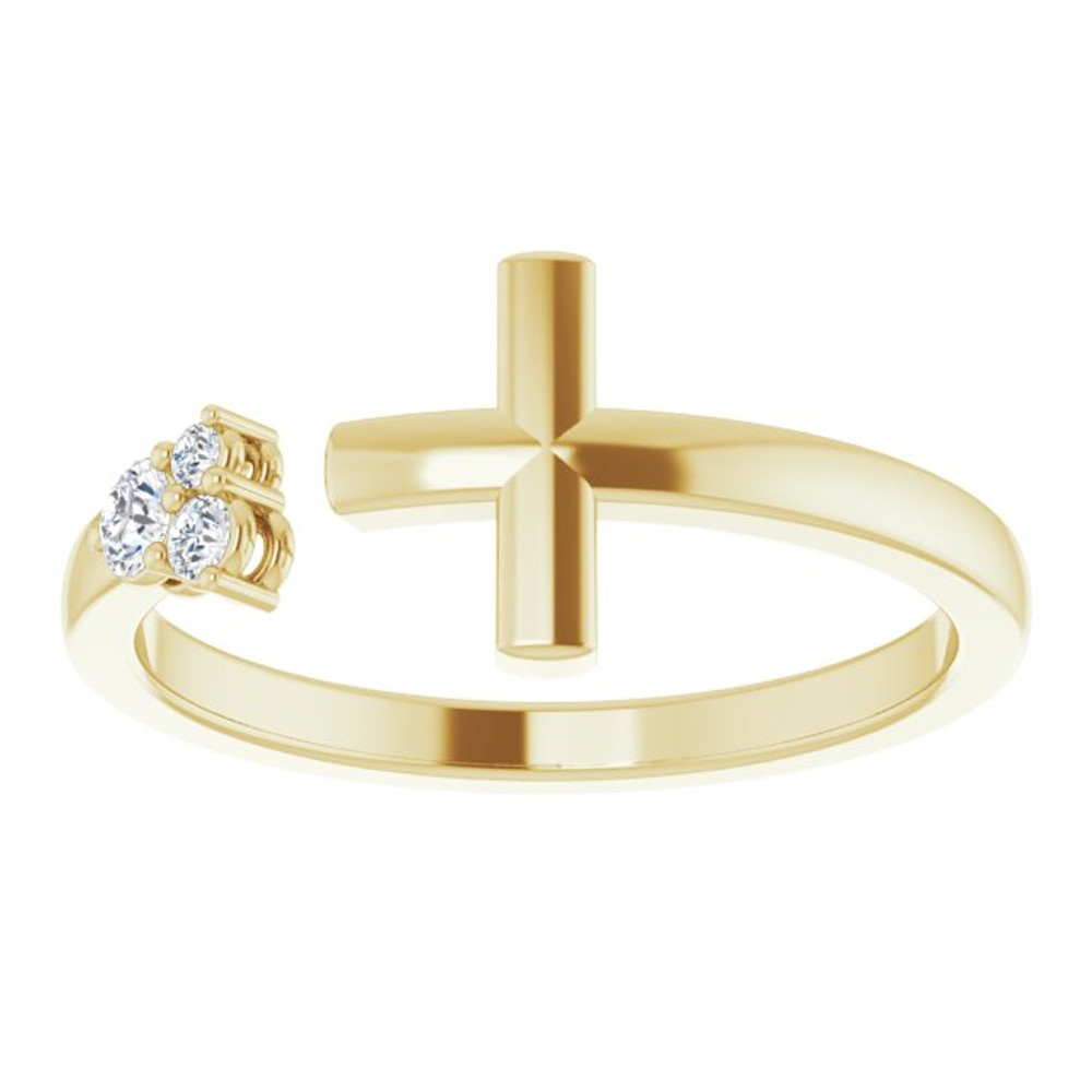 Beautiful and fashionable 14k yellow gold diamond negative space cross ring. Features .10 carat of sparkling natural round diamonds. This ring is hand made with superior craftmanship.