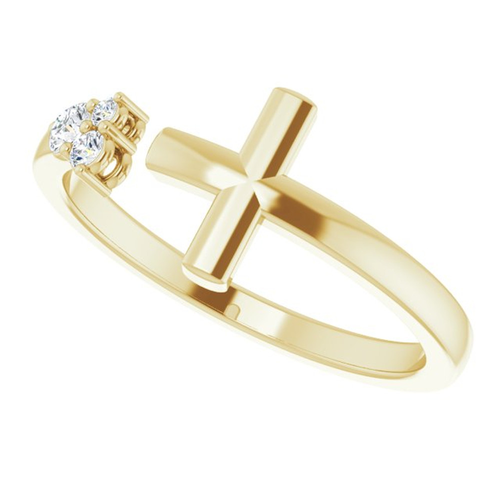 Beautiful and fashionable 14k yellow gold diamond negative space cross ring. Features .10 carat of sparkling natural round diamonds. This ring is hand made with superior craftmanship.