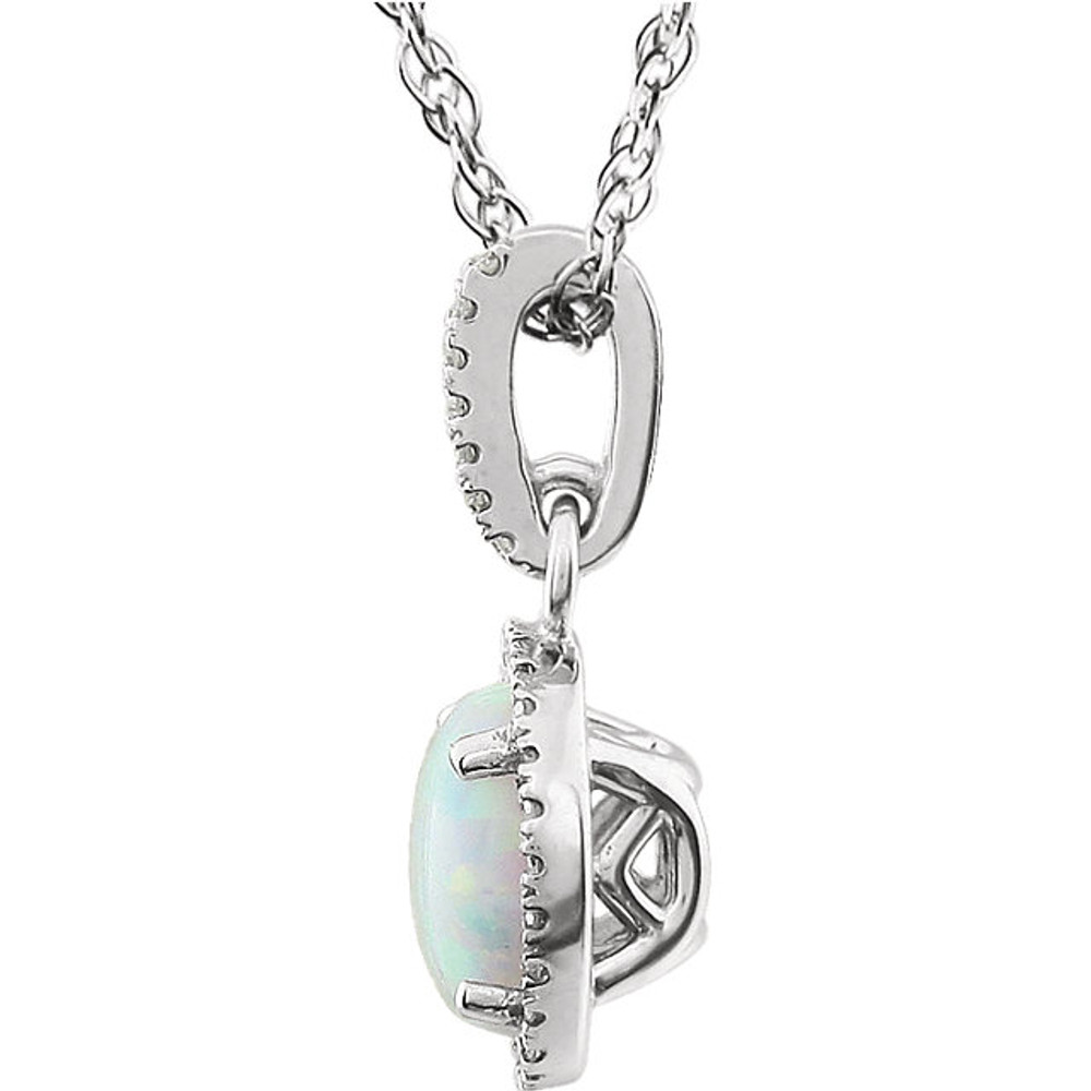 Opal and Diamond 14k White Gold Halo-Styled 18" inch Birthstone Pendant Necklace. A 7.0mm Genuine Round Opal is surrounded by 1/10 ct.tw. of Sparkling Genuine Round Diamonds.