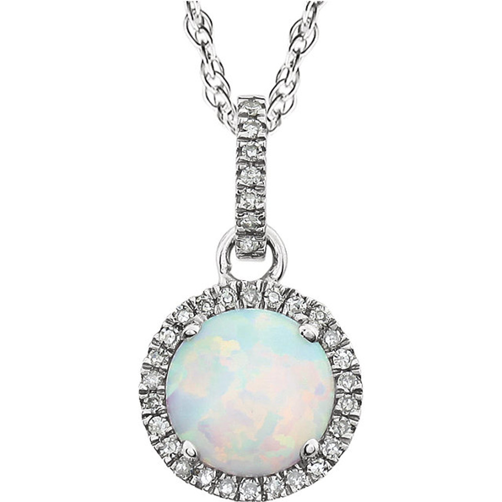Opal and Diamond 14k White Gold Halo-Styled 18" inch Birthstone Pendant Necklace. A 7.0mm Genuine Round Opal is surrounded by 1/10 ct.tw. of Sparkling Genuine Round Diamonds.